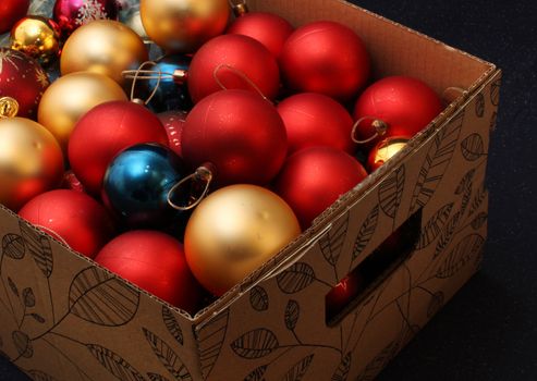 Carton box filled with Christmas decoration balls