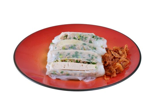 Vietnamese rice noodle rolls with a filling of pork sliced , vietnamese sausage and vegetable served with  fried onion