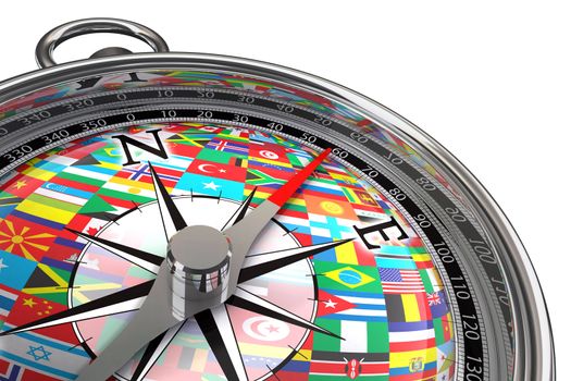 compass with flags travel concept on white background with clipping mask