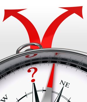 cross roads choice red arrows and concept compass with questionmark on white background. clipping path included