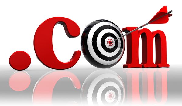 dot com red word and conceptual target with arrow on white background 