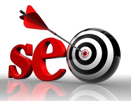 seo red word and conceptual target with arrow on white background clipping path included