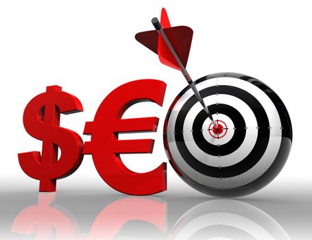 seo red word with dollar, euro and conceptual target with arrow on white background. clipping path included