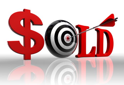 sold red word and concept target with arrow on white background clipping path included