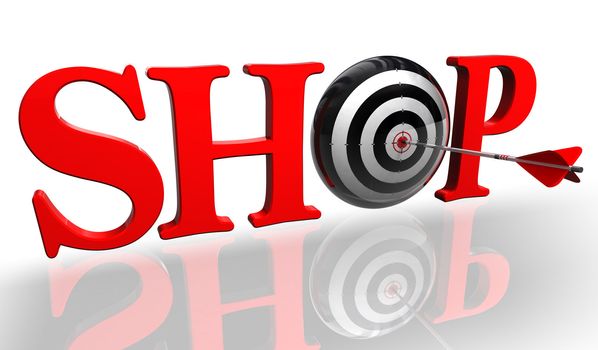 shop red word with concept target and arrow on white background clipping path included