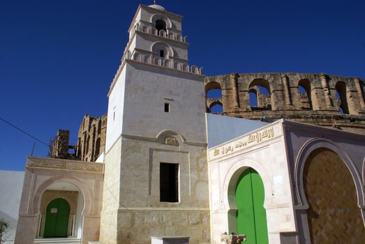 Mosque and wall of roman theater in El-Jem, Tunisia                 