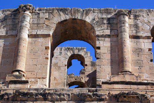 Stone wall of roman theater in El-Jem, Tunisia              