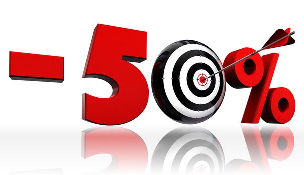 fifty per cent 50% red discount symbol with conceptual target and arrow on white background.clipping path included