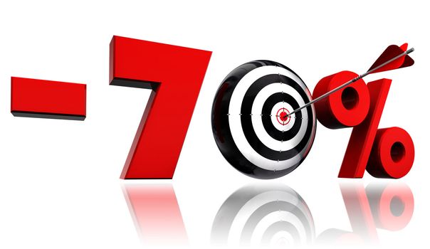 seventy per cent 70% red discount symbol with conceptual target and arrow on white background.clipping path included