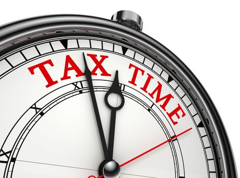 tax time concept clock closeup isolated on white background with red and black words