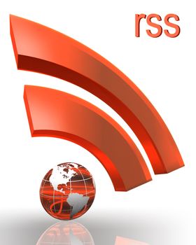 rss orange red symbol with earth globe clipping path included