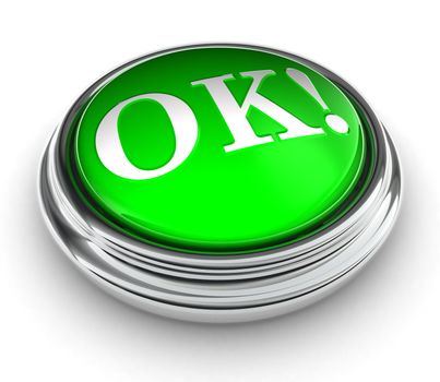 ok word on green push button on white background. clipping path included