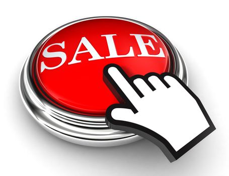 sale red button and cursor hand on white background. clipping paths included