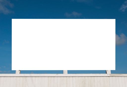 wooden billboard against a blue sky background (isolated on white)