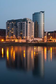 stunning nightscene with Riverpoint buildings over Shannon river in Limerick, Ireland (picture taken after sunset)