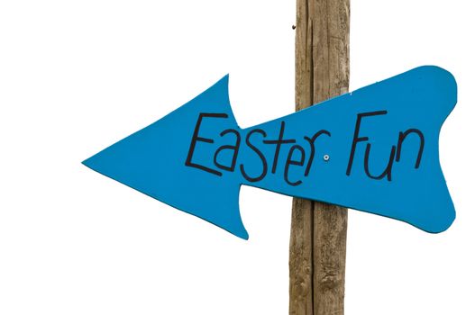 blue arrow indicating easter fun to the left (isolated on white background)