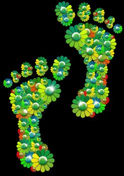 Two human footprints formed by many multicolored flowers
