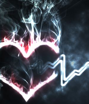 abstract burning heart in the smoke and hearthbeat