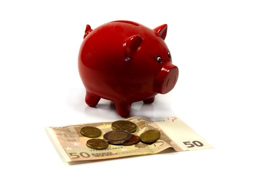 red money pig with euro paper and coins