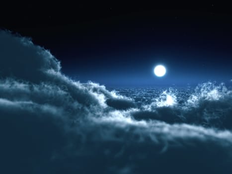 Shone circle of the moon in darkness on a background of the star sky and clouds