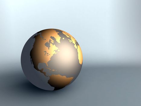 sphere of earth with northern America golden color on a neutral background in pastel tones