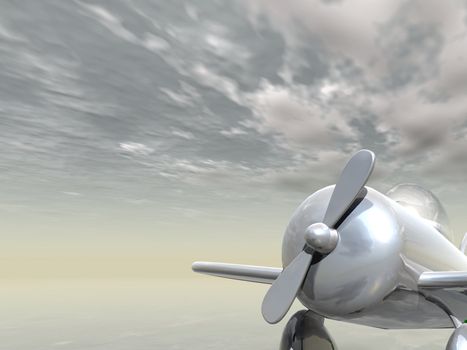 The brilliant chromeplated plane soaring in the cloudy sky