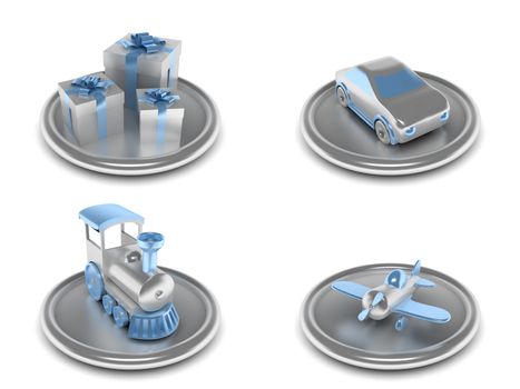 complete set of icons on an fun theme with the image of the gifts and toys in blue and silver color