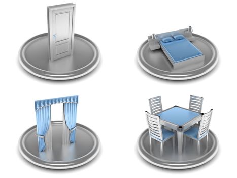 complete set of icons on an home theme with the image of the equipment and tools in blue and silver color