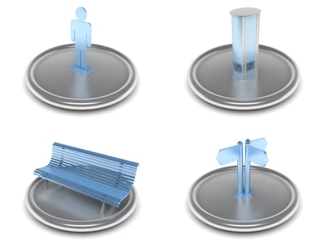 complete set of icons on an city life theme with the image of the equipment and tools in blue and silver color
