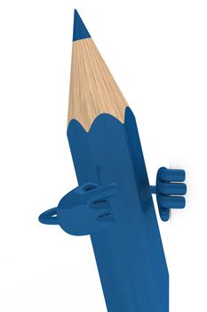 big blue pencil pointed finger behind wall