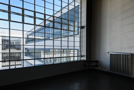 Bauhaus Dessau, view of the interior with the large window and its opening mechanism.
