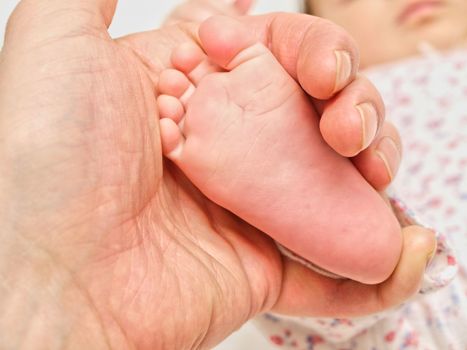 Parent holding an infants foot, in it's hand