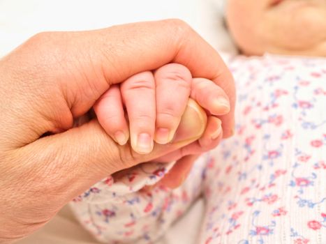 Parent holding an infants hand, small hand towards big