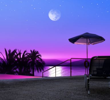 Moon night on beach of Greece, luxurious resort