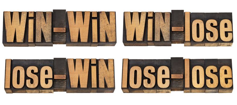 win-win, win-lose, lose-win, lose-lose - four possible outcome of conflict or game - a collage of isolated text in vintage letterpress wood type