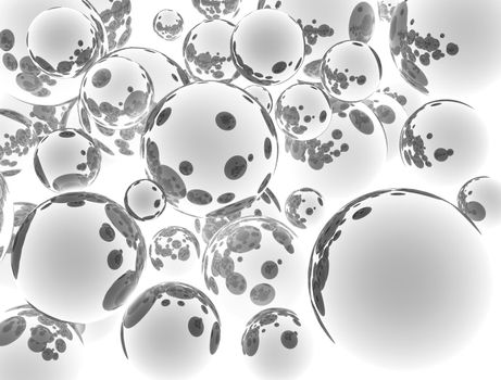 Conceptual abstract background consisting of spherical bubbles of various sizes fulfilling whole area of view. Concept is rendered in black and white color scheme and isolated on white chrome background with slight reflections on spheres.