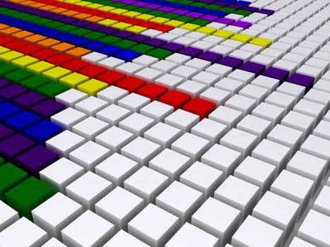 Concept of rainbow graphic equalizer display similar to those used in music mixing or monitoring devices. Rendered in diagonal perspective view with typical basic scheme of rainbow colors. Red, orange, yellow, green, blue, indigo and violet colors.