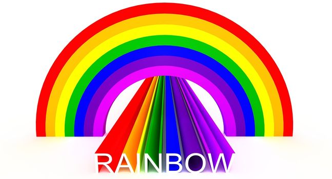 Educative concept showing rainbow colors in an intuitive and imaginative way with addition of correct English spelling of Rainbow word. Idea of illustration is portrayed by arc consisting of seven basic rainbow colors. Red, orange, yellow, green, blue, indigo and violet. Scene rendered and isolated on white background.