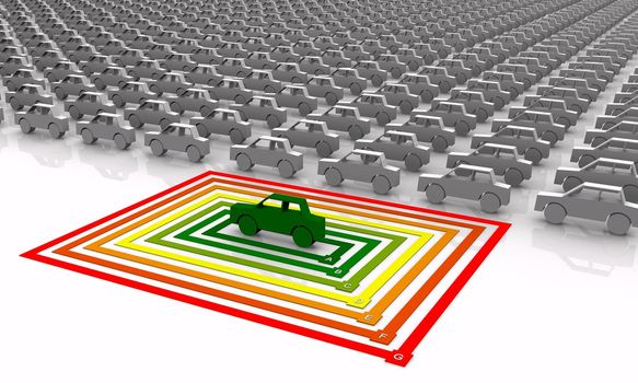 Concept of energetically efficient car targeted in symbolic color scheme that represents values of energetic efficiency. Dark Green (letter A) represents "more efficient" and Dark Red (letter G) represents "less efficient" values. Central vehicle is separated from the crowd of inefficient cars. Scene rendered on white background with slight reflection.