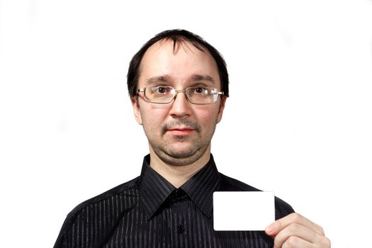 Solid men in black shirt with businesscard isolated on white