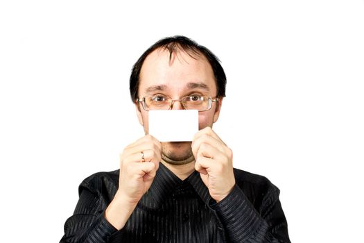 Solid men points to the businesscard and draws attention isolated on white