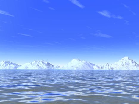 snow-white cold mountains on a background marine waves and sky