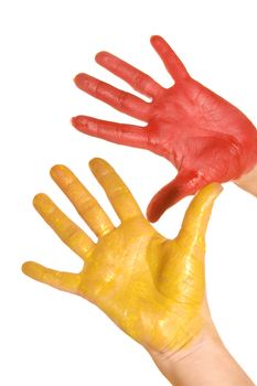left and right womanish palms is painted red and yellow paints on a white background