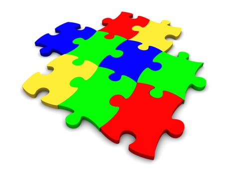 Puzzle consisting from multi-coloured plastic pieces on a white background