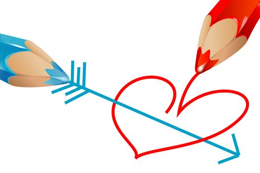 red and blue pencils drawing heart pierced by an arrow on a white background