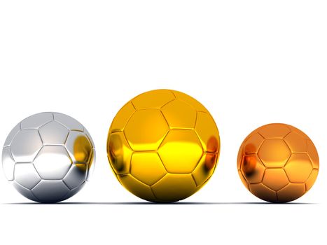 silver, gold and bronze soccer balls on white background
