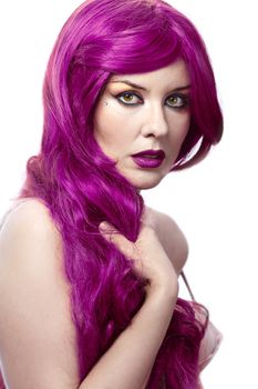 Beautiful sexy woman with magnificent purple hair over white background