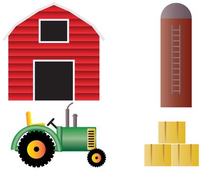 Farm with Red Barn Tractor Grain Silo and Hay Bales Illustration Isolated on White Background