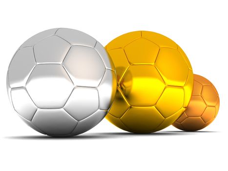 silver, gold and bronze soccer balls on white background