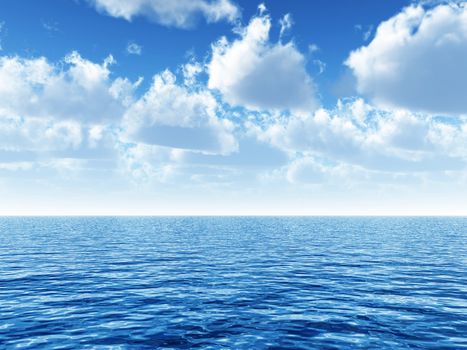 cloudy blue sky leaving for horizon above a blue surface of the sea